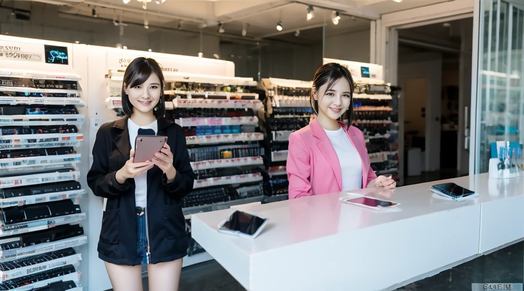 Mobile Phone Shop、Customer Service、woman、Japanese、Late 20s、Beauty、smile、Home electronics store、Jacket、reception