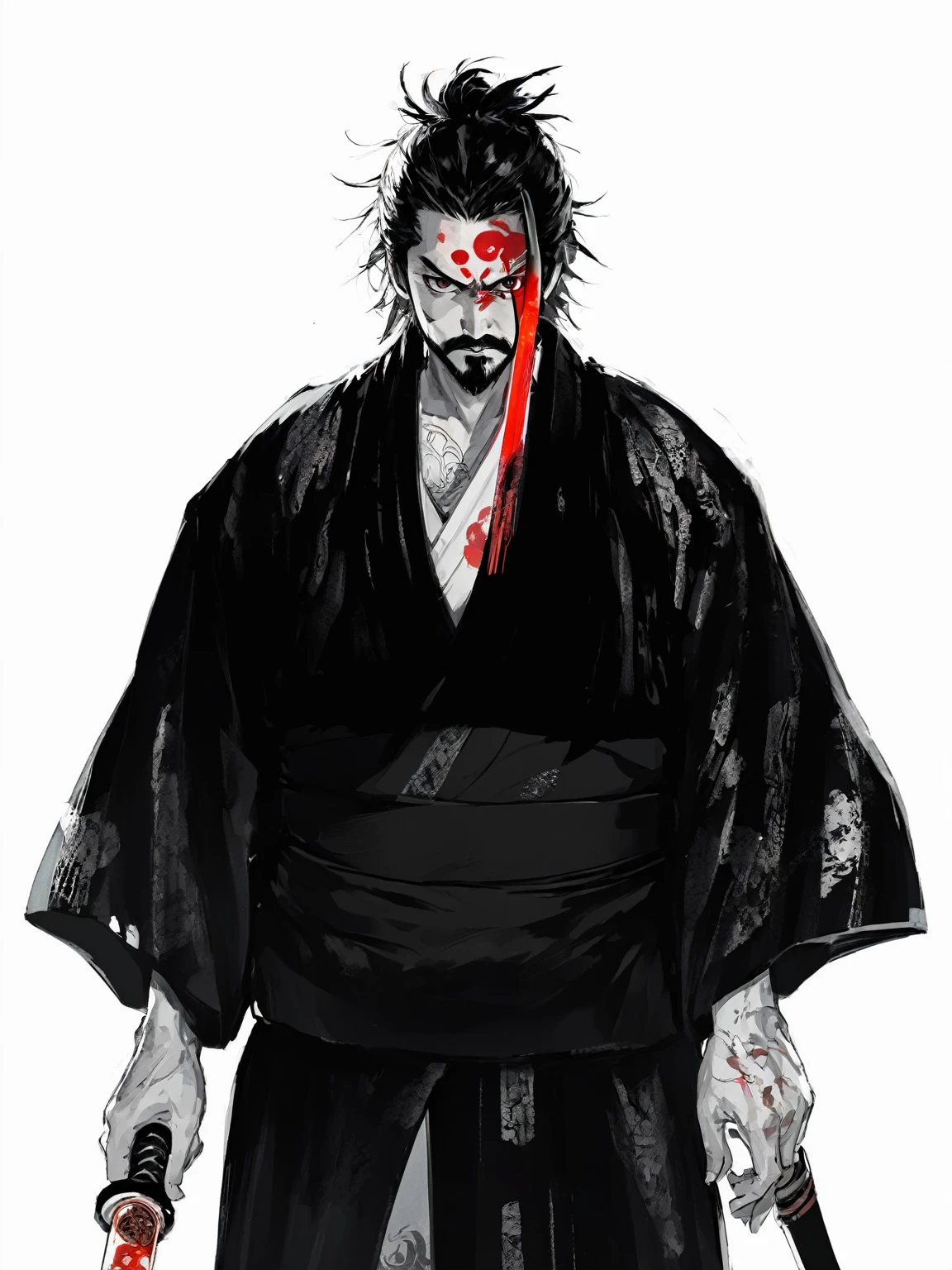 close up of a person holding a katana, portrait of samurai, handsome guy in demon slayer art, dark cloaked necromancer, musashi miyamoto, standing, fighting stance, looking at the viewer, front camera, eye level, handsome, beard, long hair, angry expression, drawing sword pose, wearing black robe, 1man, 1man standing