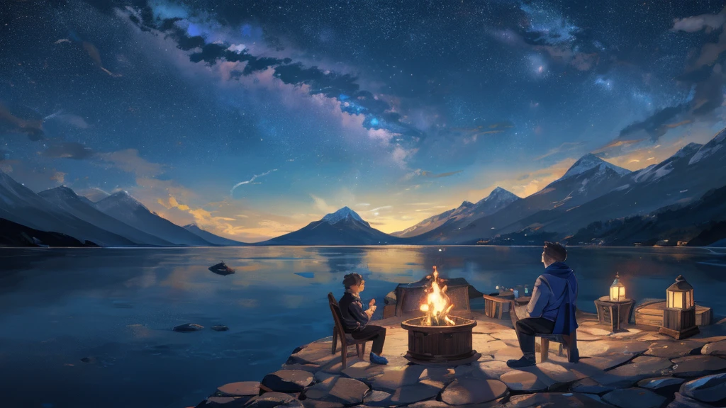 far back view, night, boy, blue flame, sea, mountain, star, ultra detailed, official art, masterpiece