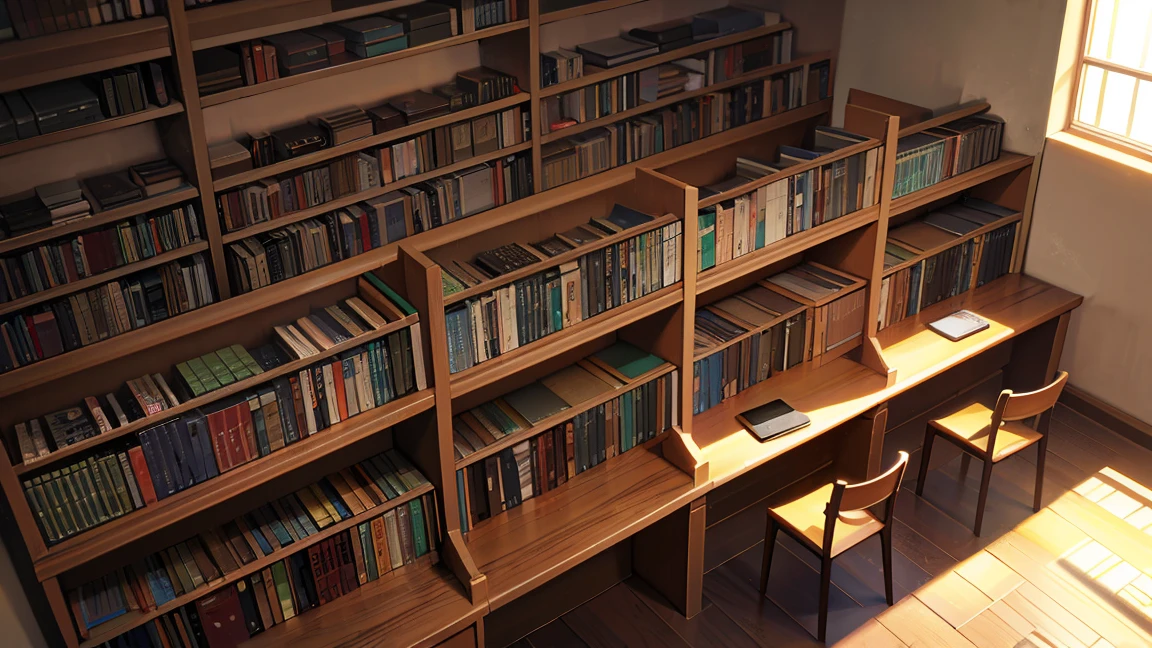 A narrow and dark study、The back wall is completely covered with bookshelves、There is one desk with a PC in the center.、No people
