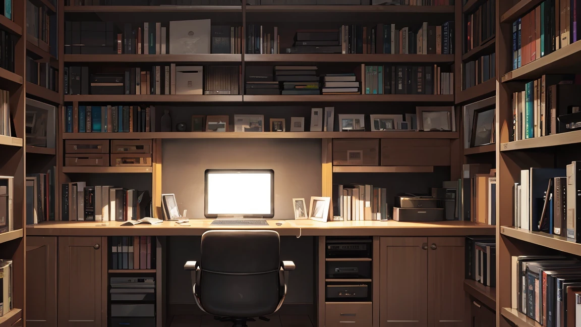 A narrow and dark study、The back wall is completely covered with bookshelves、There is one desk with a PC in the center.、No people
