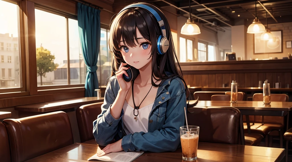 Girl with headphones enjoying music in a cafe I am studying Emphasize a little bit of the chest