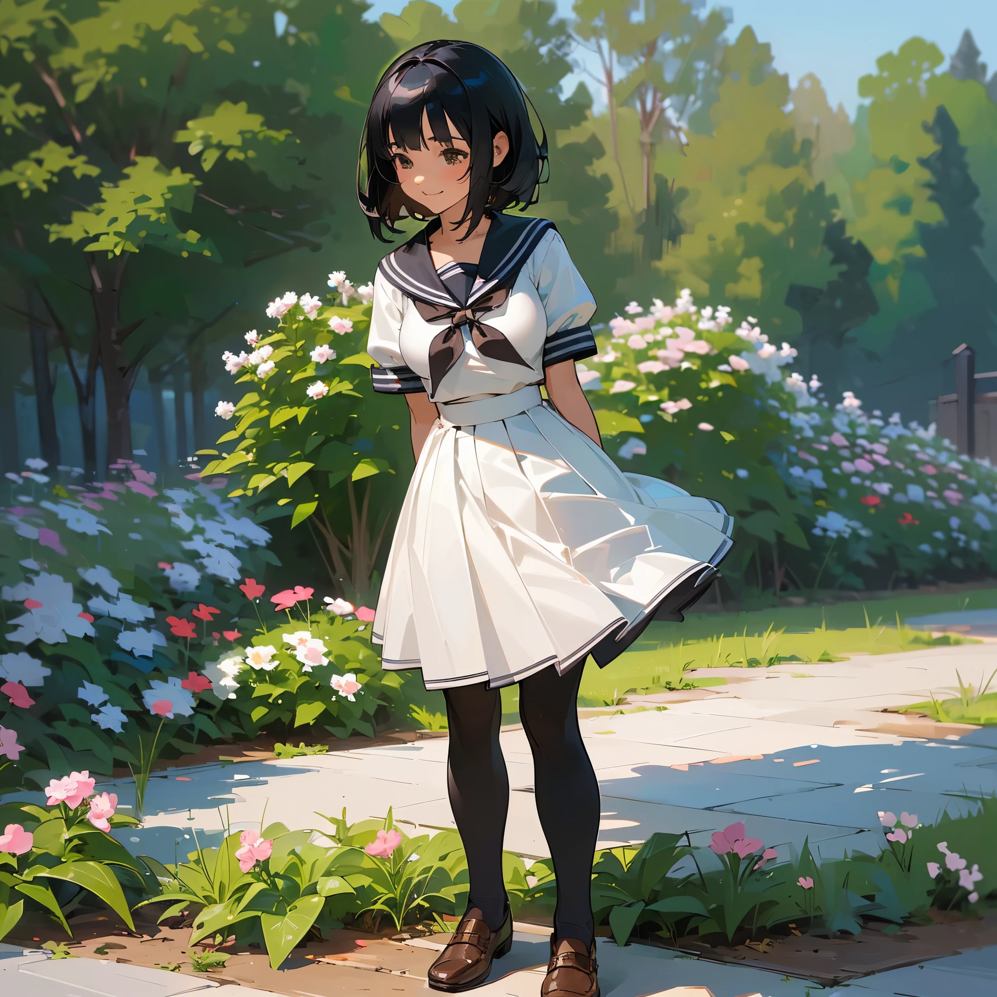 (Highest quality, High resolution, Super detailed, Realistic:1.37), Peaceful atmosphere, (Outdoor, garden), Teenage girl standing alone,(my breasts are big.),Beautifully detailed features, Cute Smile, ((Black bob hair)),Short-sleeved sailor uniform, Pleated skirt,Black tights,Brown leather shoes.
