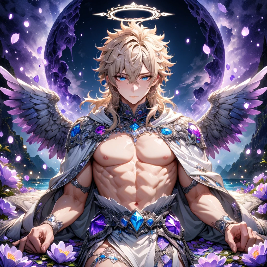 absurdres, highres, ultra detailed, HDR, master piece, best quality, Raviel, ash blonde hair, medium-length hair, spiked hair, hair between the eyes, with bangs, expressive blue eyes, Dream and Legacy, sexy man, solo, handsome, angel, halo, white cape, bare chest, white tunic, silver jewelry, silver accessories, fantasy, purple flowers, blossoms, magical, purple petals, purple moon, water, fireflies