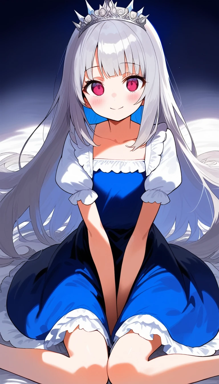1girl, solo, long hair, looking at viewer, blush, smile, bangs, red eyes, dress, closed mouth, collarbone, short sleeves, grey hair, frills, puffy sleeves, pink eyes, puffy short sleeves, blue dress, frilled dress, tiara, aged down, crown, , v arms