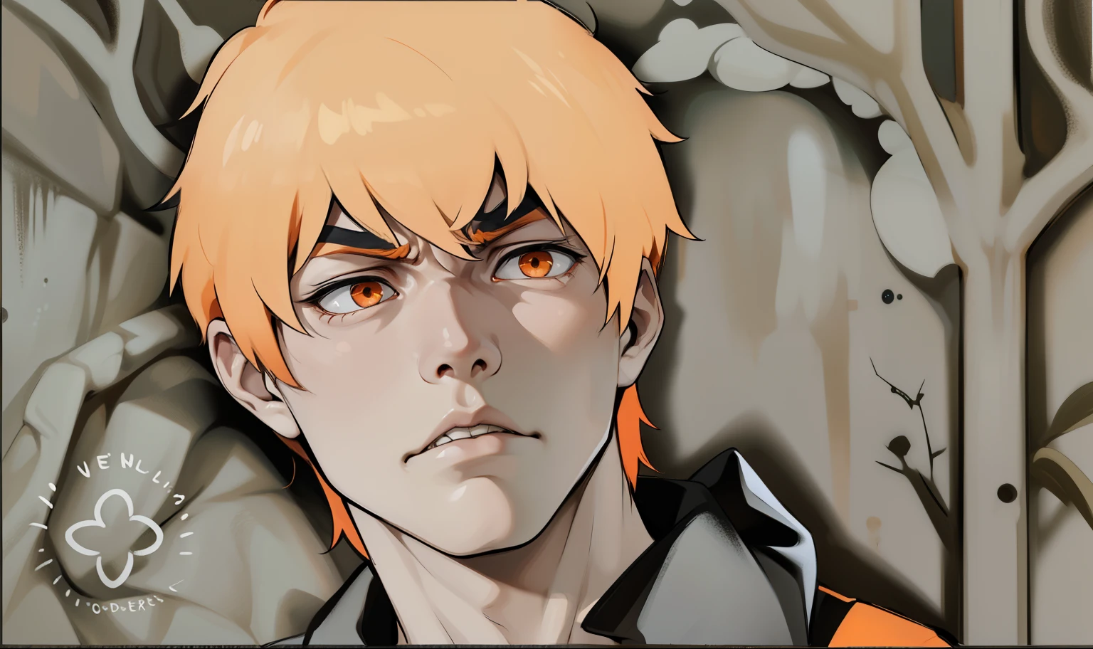 he is angry upset he is talking rudely to someone cute  boy orange hair and orange eyes he is upset he is talking to someone with his mouth open he is serious angry sad