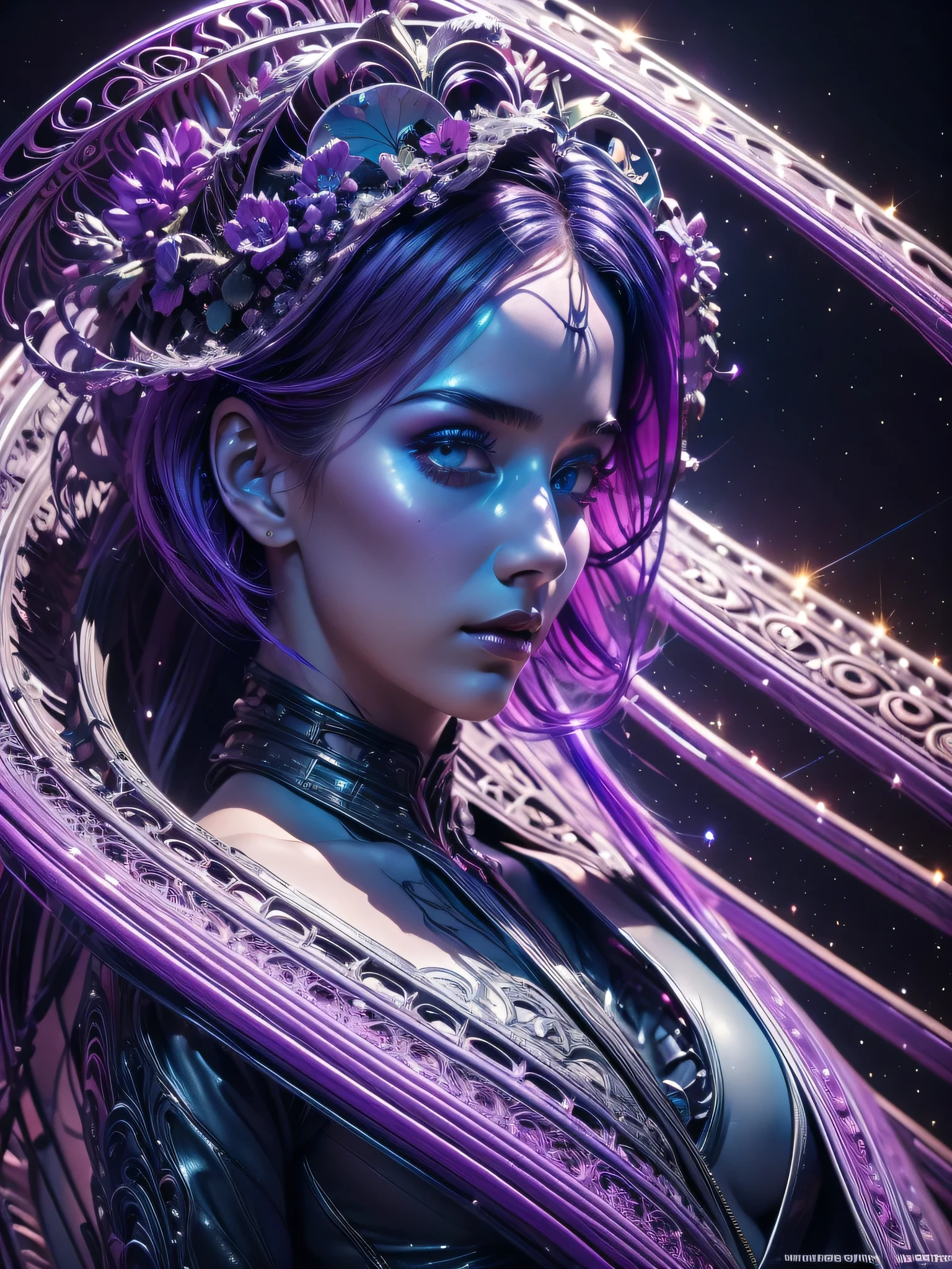 Masterpiece, RAW photo, hyper photorealistic, Beautiful alien girl with a lot of purple hair, on a far fantastic planet, cosmic landscape, cute sexy, highly detailed, sci-fi aesthetic, fantasy aura, unearthly vegetation, by rutkowski, hdr, intricate details, hyperdetailed, cinematic, depth of field, rim light