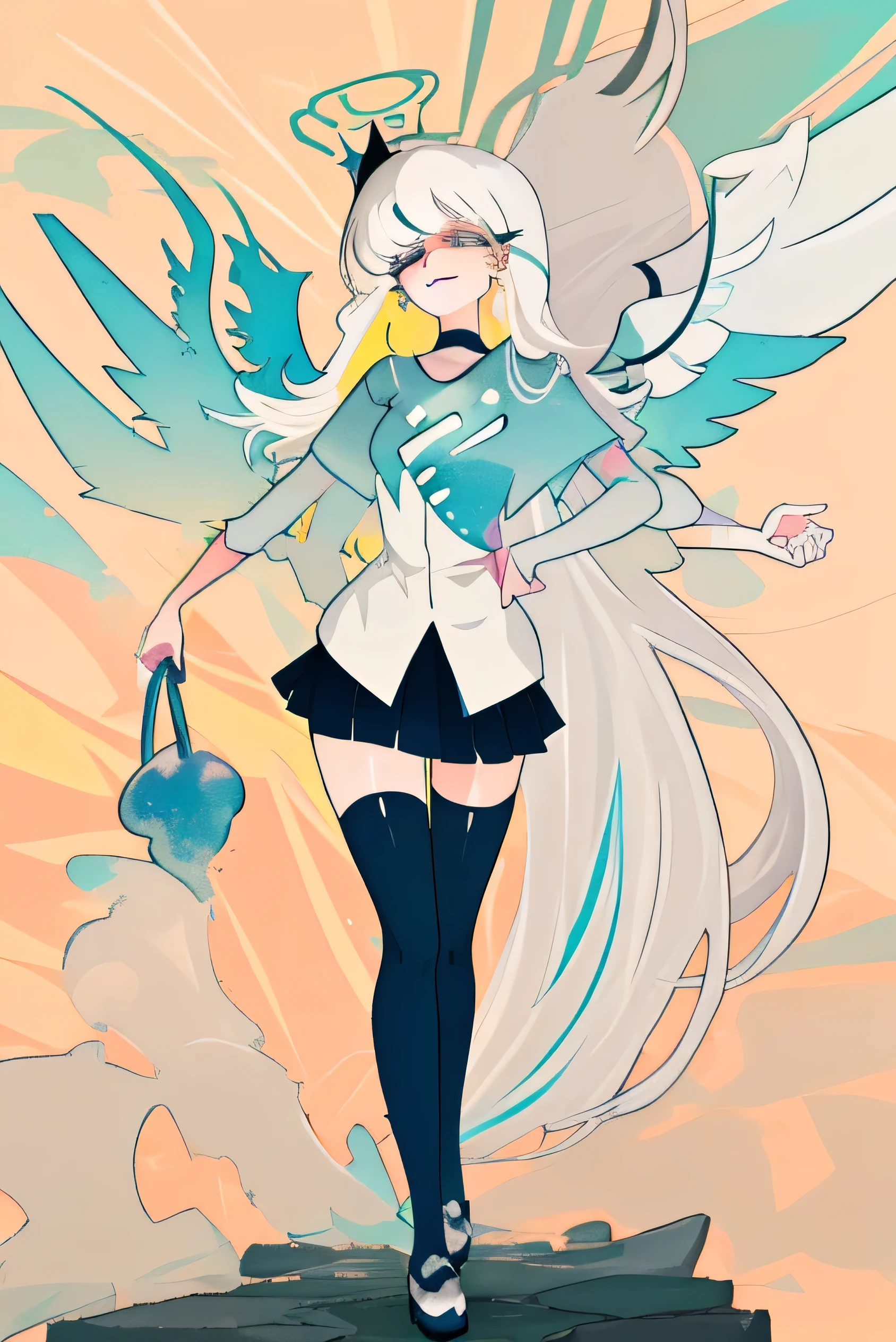 absurdres, (best quality: 1.0), (super high res: 1.0), extremely detailed character, 1girl, angel girl, ((large angel wings)),  ((eyes on wings)), ((black wings)), ((multiple large wings)), (angel wings on head), (((eyes on hair))), extremely long hair, ((white hair)), ((platinum blonde colored inner hair)), extremely detailed eyes, grey eyes, ((full body)), ((colorful pastel clothes)), colorful, ((pastel color skirt, pastel color shirt)), soft pastel colors, ((mini skirt)), ((zettai ryouiki)), ((thigh gap)), small breasts, standing, medieval, RPG, pearls, petals, hypnotizing, fighting pose, combat, confident, smiling 