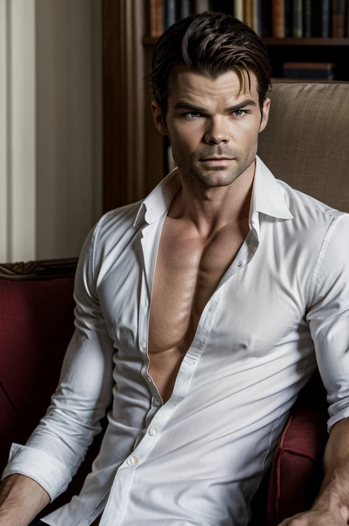 cipher: Hyperrealistic photograph of the real Daniel Gillies from The Originals, with exact features to Elijah Mikaelson, sitting on a sofa, read a book. He has a white shirt tight around his pectorals..