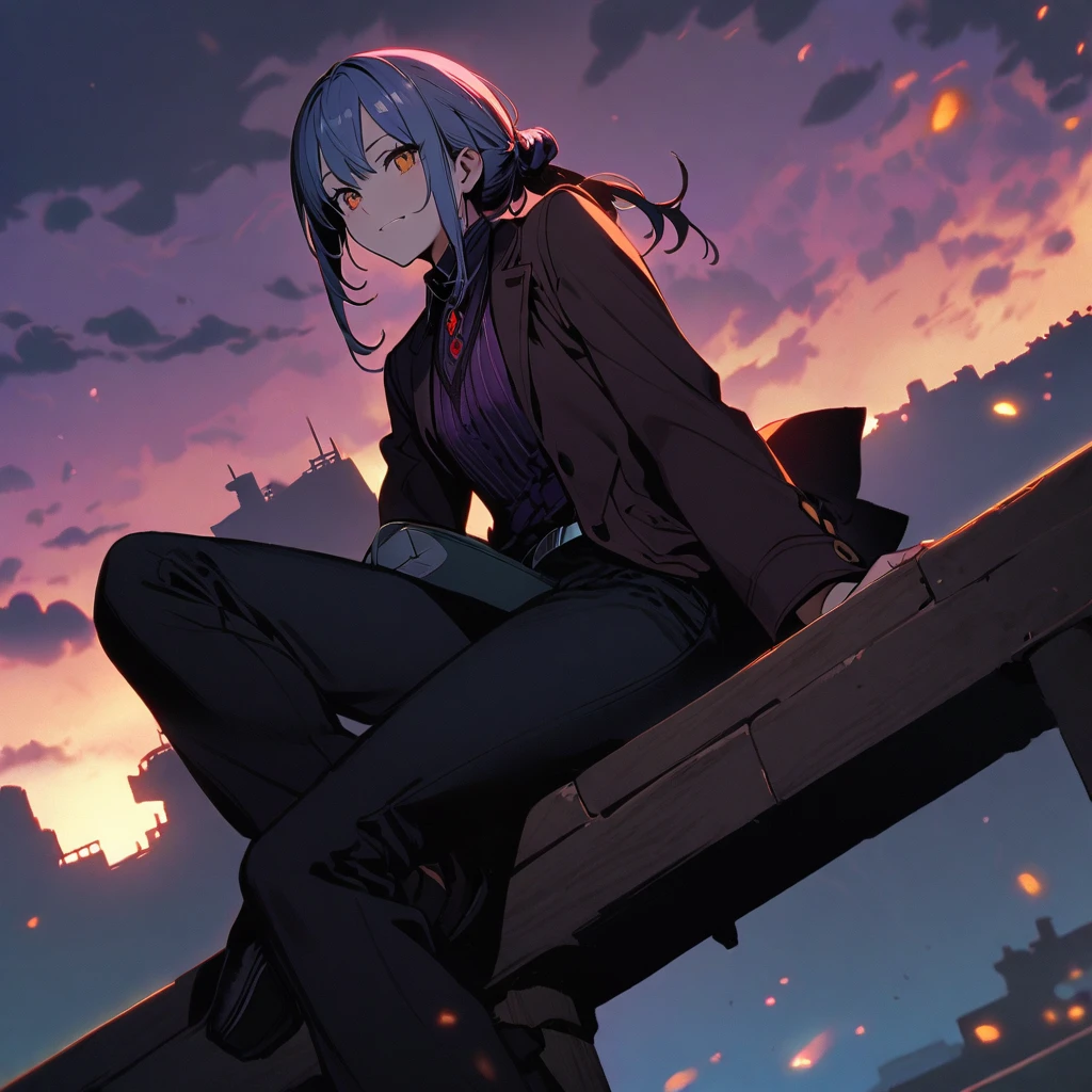 (well done:1old man, long gray hair tied in two buns green right eye, yellow left eye, purple shirt, white coat, black pants, black boots.   sitting on a bench with a katana on his lap