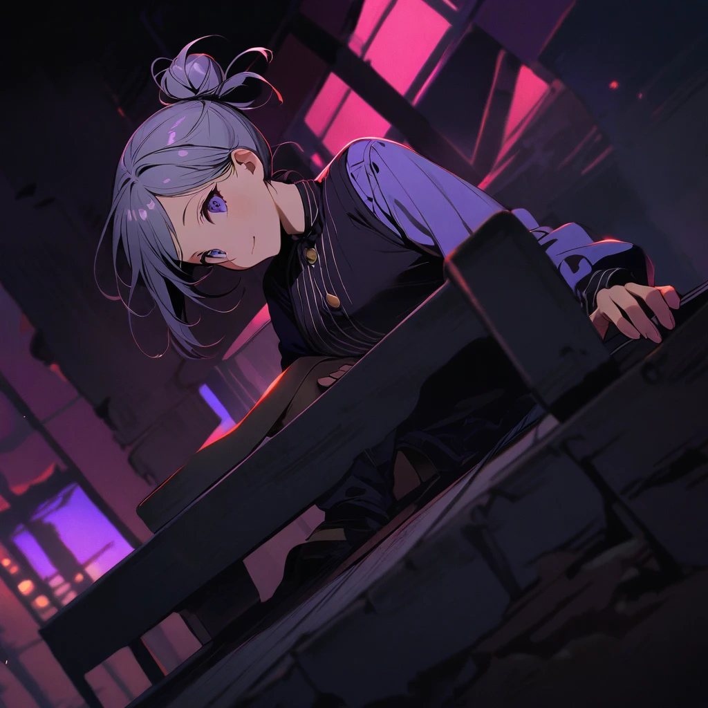 (well done:1old man, long gray hair tied in two buns green right eye, yellow left eye, purple shirt, white coat, black pants, black boots.   sitting on a bench with a katana on his lap