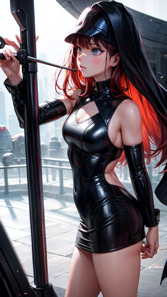 The image features a girl with long, bright red hair, dressed in a sleek skin-tight shiny black latex bodysuit with a deep-cut zipper neckline revealing a large chest, the silver zipper running down the front. The suit is complemented by her iron wrist guard on both wrists and a belt made of silver circles around her waist. She holds a gun in each hand in a ready position, while her other hand is touching her hair. Placed against a dark city backdrop, the scene includes buildings and might contain elements resembling a clock tower, suggesting an urban setting. This composition is emblematic of a superhero genre, highlighting central and ancillary characters, with an overtone of action and vigilance.