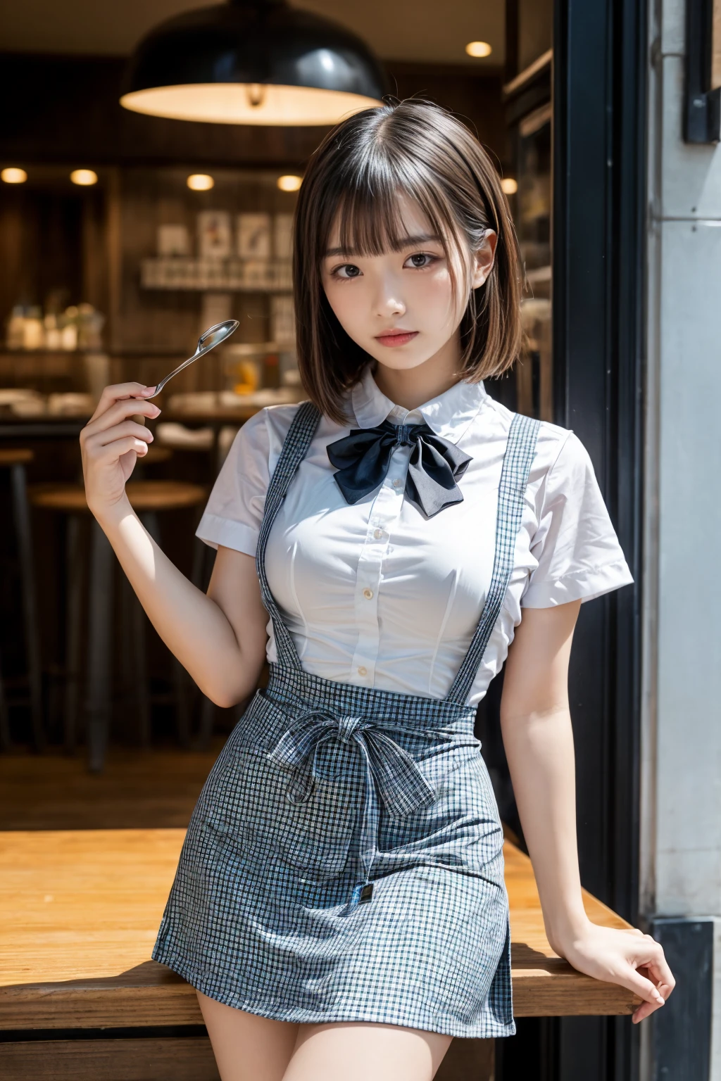 (8K, RAW Photos, Highest quality, masterpiece:1.3), (professional photography, full colors, studio-caliber color grading), (Gravure quality for high-end fashion magazines), BREAK, 1girl, (boyish:1.15), (mannish:1.1), (double-breasted,underbust:1.2), Big Natural Color Lip, (Plumpy body:1.2), (smooth skin:1.1), (breasts:1.2), BREAK, (gingham-check suspender-apron:1.2), (solid-blue high-waist skirt:1.2), (apron over skirt:1.1), (white blouse:1.2), short sleeves, button gap, (solid-blue bow-tie:1.1), BREAK, dynamic pose, cafe, Restaurant,