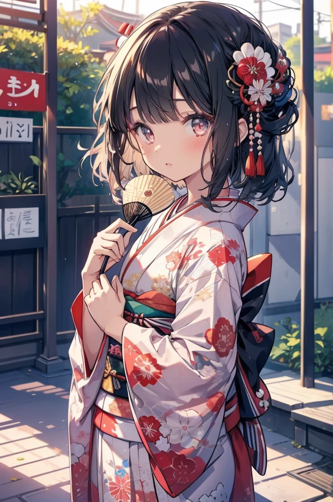 One Girl, Japanese, kimono, Holding a folding fan, good, Beautiful poop, delicate, cute, Black-haired, Narrow eyes, ((Head to waist)), masterpiece, Highest quality, Ultra HD