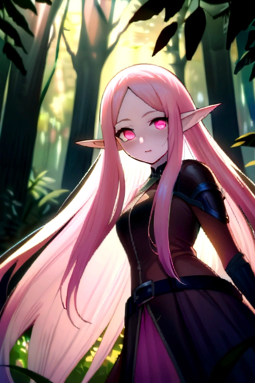 ((highest quallity)),(ultra high resolution),(super verbose),(Detailed Description),((best CG)),(best work of art),super precision art,amazing drawing art,(Fantasy art with precise details:1.5), (female elf:1.6),(beautiful and well-shaped face:1.6),(slenderbody:1.4),(Finely detailed leather armor:1.6,waist belt:1.3),(Make-up natural:1.5),(Bright Light Pink Long Hair:1.6), Sunbeams filtering through the foliage deep in the dark forest:1.8,Countless floating particles of soft light:1.4