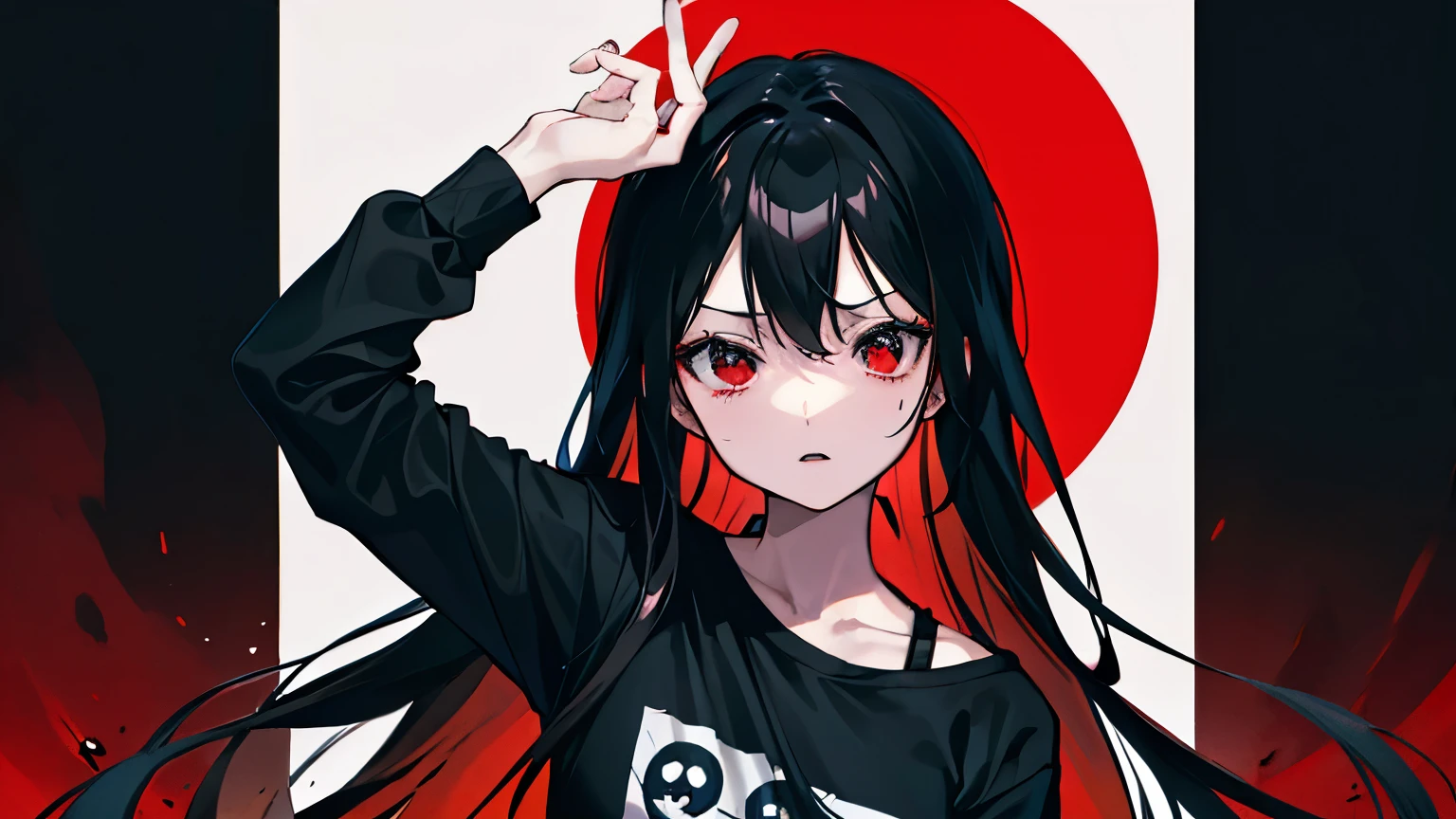 solo、With cruel motives、Dark atmosphere、Red Eyes、Wearing a loose plain black T-shirt、Black-haired woman, , Masami Kurumada style, inspired by Yukihiko Yasuda, Look straight ahead、Black background、Fingers above head、