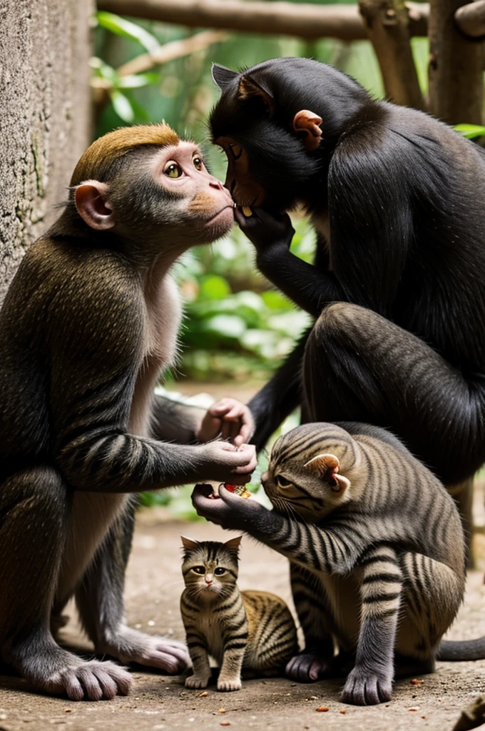Little monkey feeding cat 