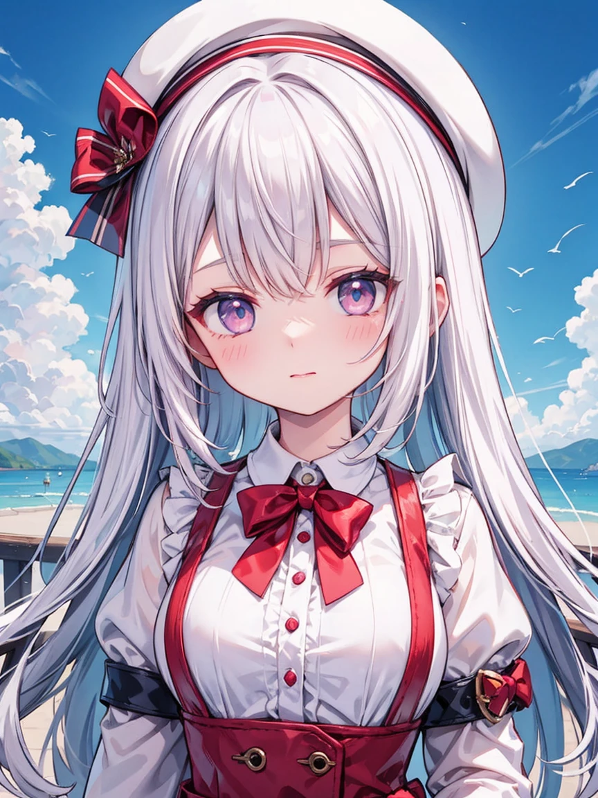 A girl, white hair, wearing pink beret, detailed beret.