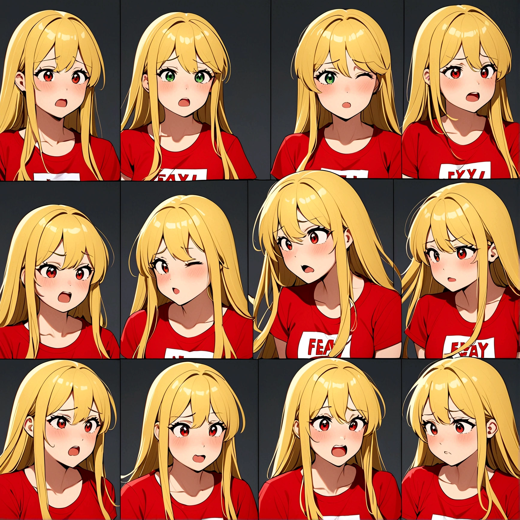 1 Girl,Three-quarters view from the right,Gray background,Facial expression expressions,the same person,9 facial expressions,grid,Long hair,(Blonde hair:1.4),Green Eyes,微lol,lol,cry,tired,狡黠的假lol,Shy,Bad temper,surprise,Fear,rest(Red T-shirt:1.4),best quality,masterpiece,Very detailed,Very detailed,8K