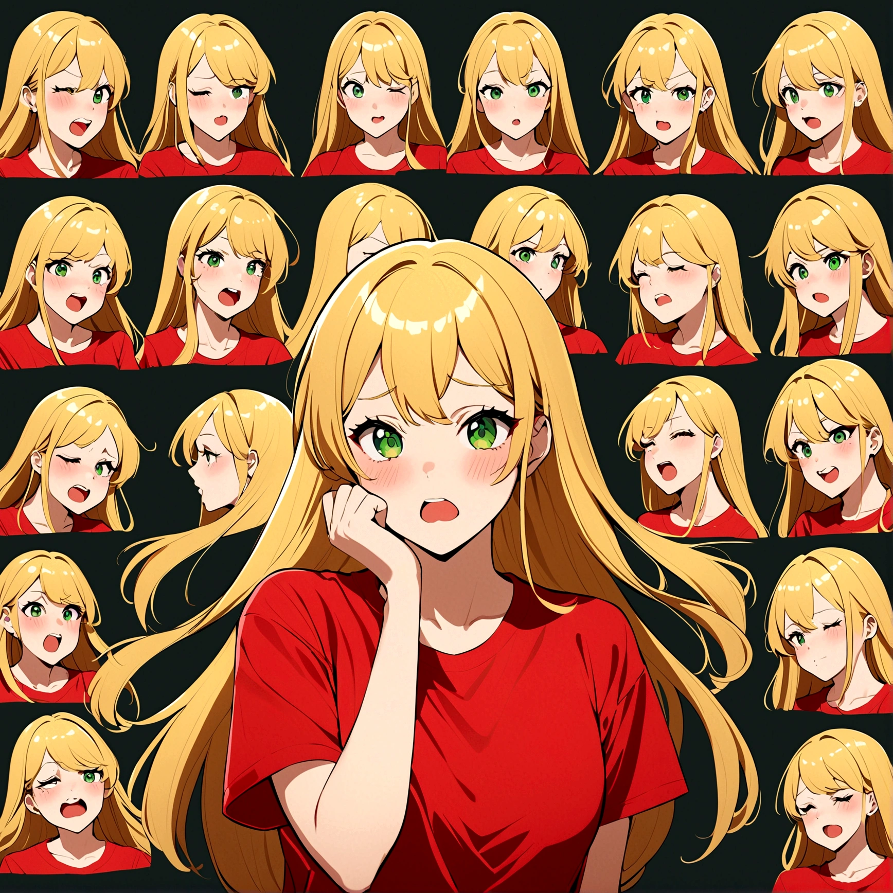 1 Girl,Three-quarters view from the right,Gray background,Facial expression expressions,the same person,9 facial expressions,grid,Long hair,(Blonde hair:1.4),Green Eyes,微lol,lol,cry,tired,狡黠的假lol,Shy,Bad temper,surprise,Fear,rest(Red T-shirt:1.4),best quality,masterpiece,Very detailed,Very detailed,8K