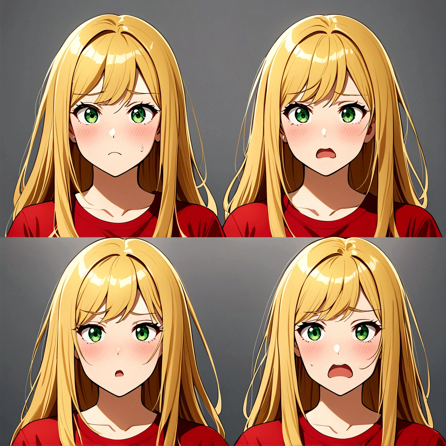 1 Girl,Three-quarters view from the right,Gray background,Facial expression expressions,the same person,9 facial expressions,grid,Long hair,(Blonde hair:1.4),Green Eyes,微lol,lol,cry,tired,狡黠的假lol,Shy,Bad temper,surprise,Fear,rest(Red T-shirt:1.4),best quality,masterpiece,Very detailed,Very detailed,8K