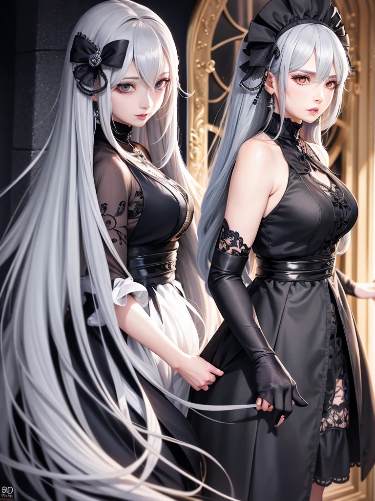anime girl with long gray hair wearing a black dress and a clock, detailed digital anime art, 8k high quality detailed art, detailed portrait of anime girl, 4k highly detailed digital art, artwork in the style of guweiz, gothic maiden anime girl, advanced digital anime art, smooth anime cg art, beautiful anime portrait, portrait anime girl