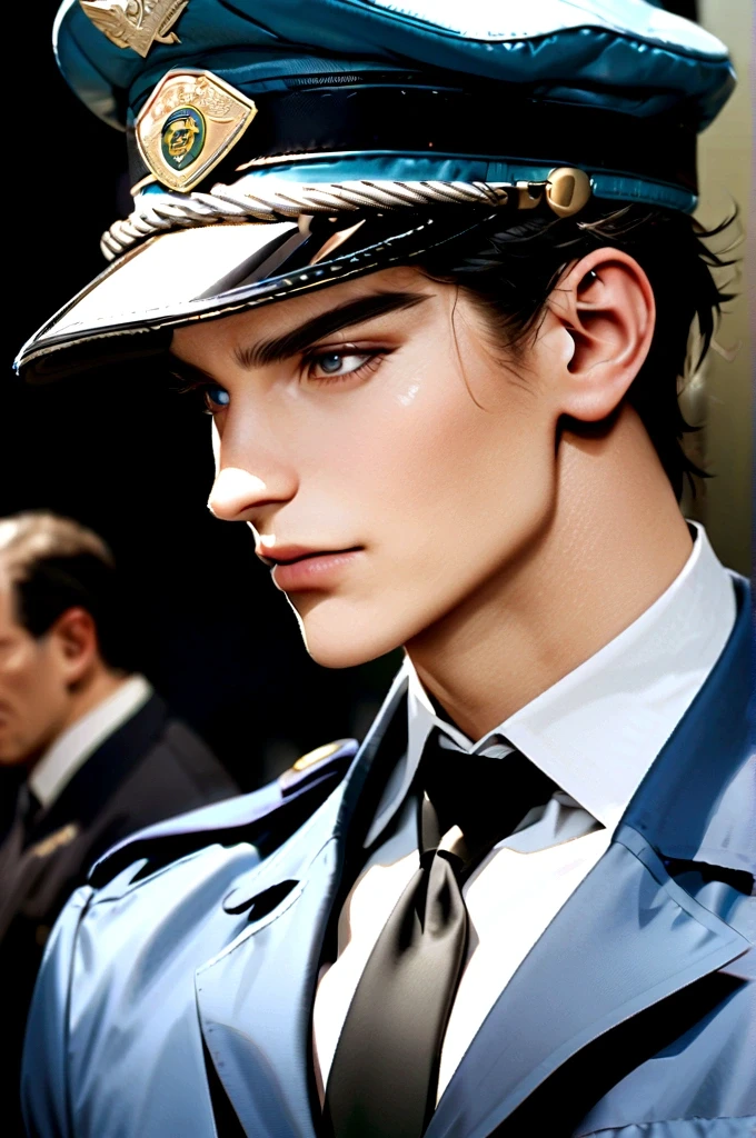realistic portrait of young David Gandy, dressed like a hot police officer