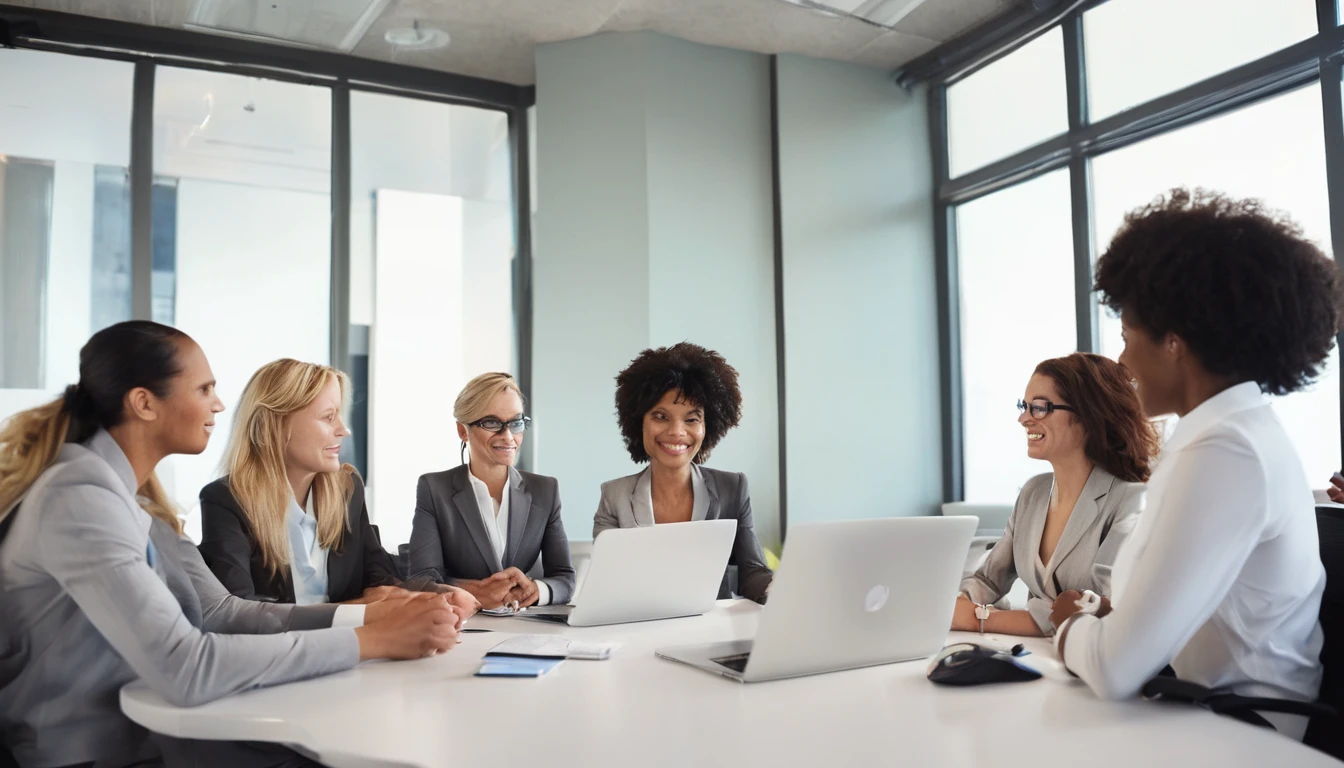 corporate branding  style {A multi-ethnic group of professionals from various age groups engaged in a meeting around a conference table. Positive body language and expressions of collaboration. Include laptops, tablets, and presentation materials tered on the table.}, professional,  clean, modern, sleek, minimalist, business-oriented, highly detailed.