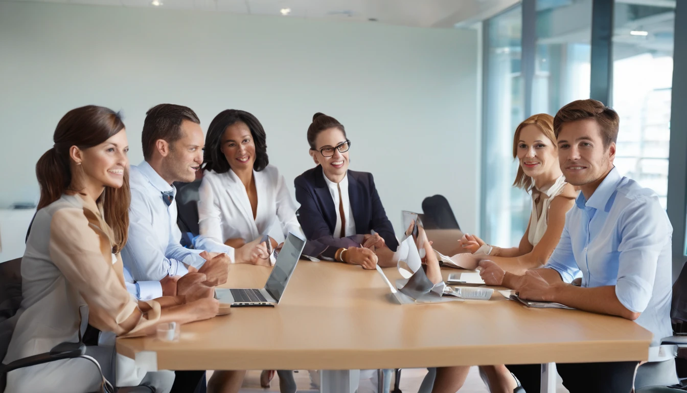 corporate branding  style {A multi-ethnic group of professionals from various age groups engaged in a meeting around a conference table. Positive body language and expressions of collaboration. Include laptops, tablets, and presentation materials scattered on the table.}, professional,  clean, modern, sleek, minimalist, business-oriented, highly detailed.