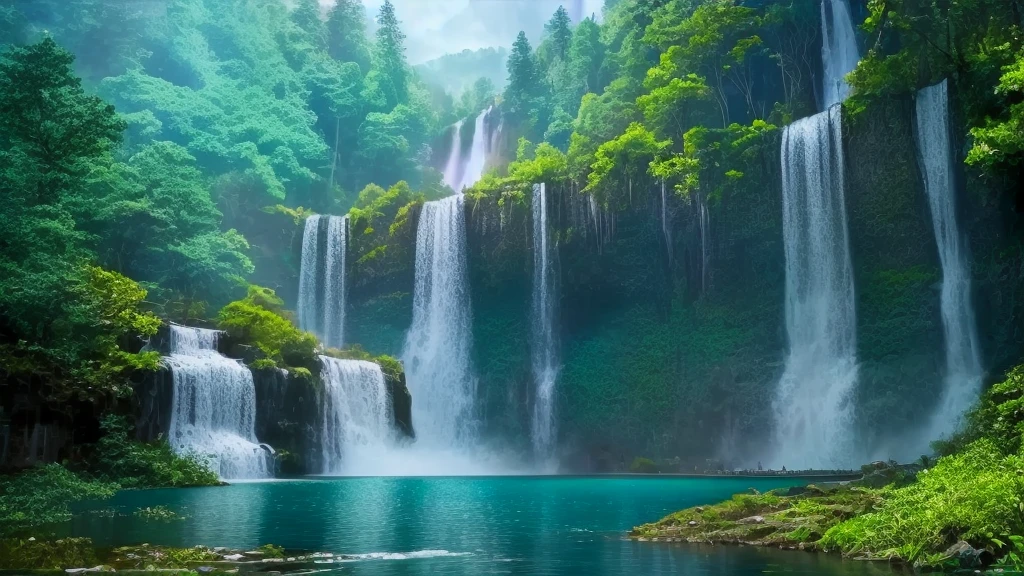 there is a waterfall that is in the middle of a forest, peaceful beautiful waterfall, floating waterfalls, beautiful stunning waterfall, Beautiful nature in the background, stunning waterfall, waterfalls and lakes, waterfall background, majestic nature scenery, waterfall(beautiful, beautiful waterfall, multiple waterfalls, Nature Wallpaper, waterfall backdrop, immense waterfall, cascading waterfalls, The beauty of natural scenery, lakes and waterfalls