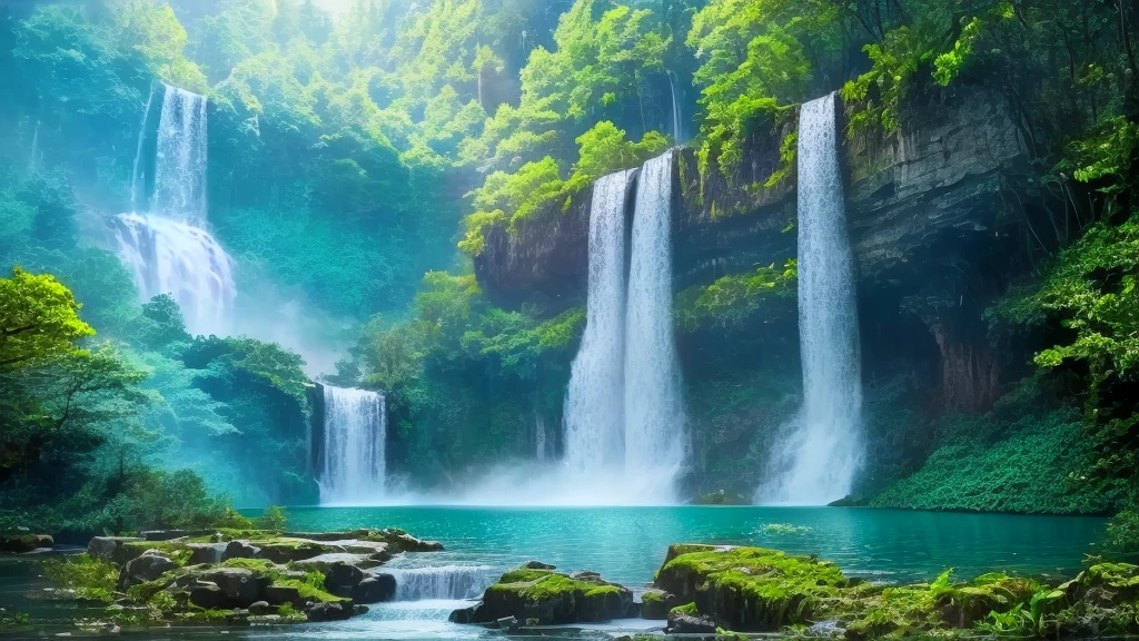 there is a waterfall that is in the middle of a forest, peaceful beautiful waterfall, floating waterfalls, beautiful stunning waterfall, Beautiful nature in the background, stunning waterfall, waterfalls and lakes, waterfall background, majestic nature scenery, waterfall(beautiful, beautiful waterfall, multiple waterfalls, Nature Wallpaper, waterfall backdrop, immense waterfall, cascading waterfalls, The beauty of natural scenery, lakes and waterfalls
