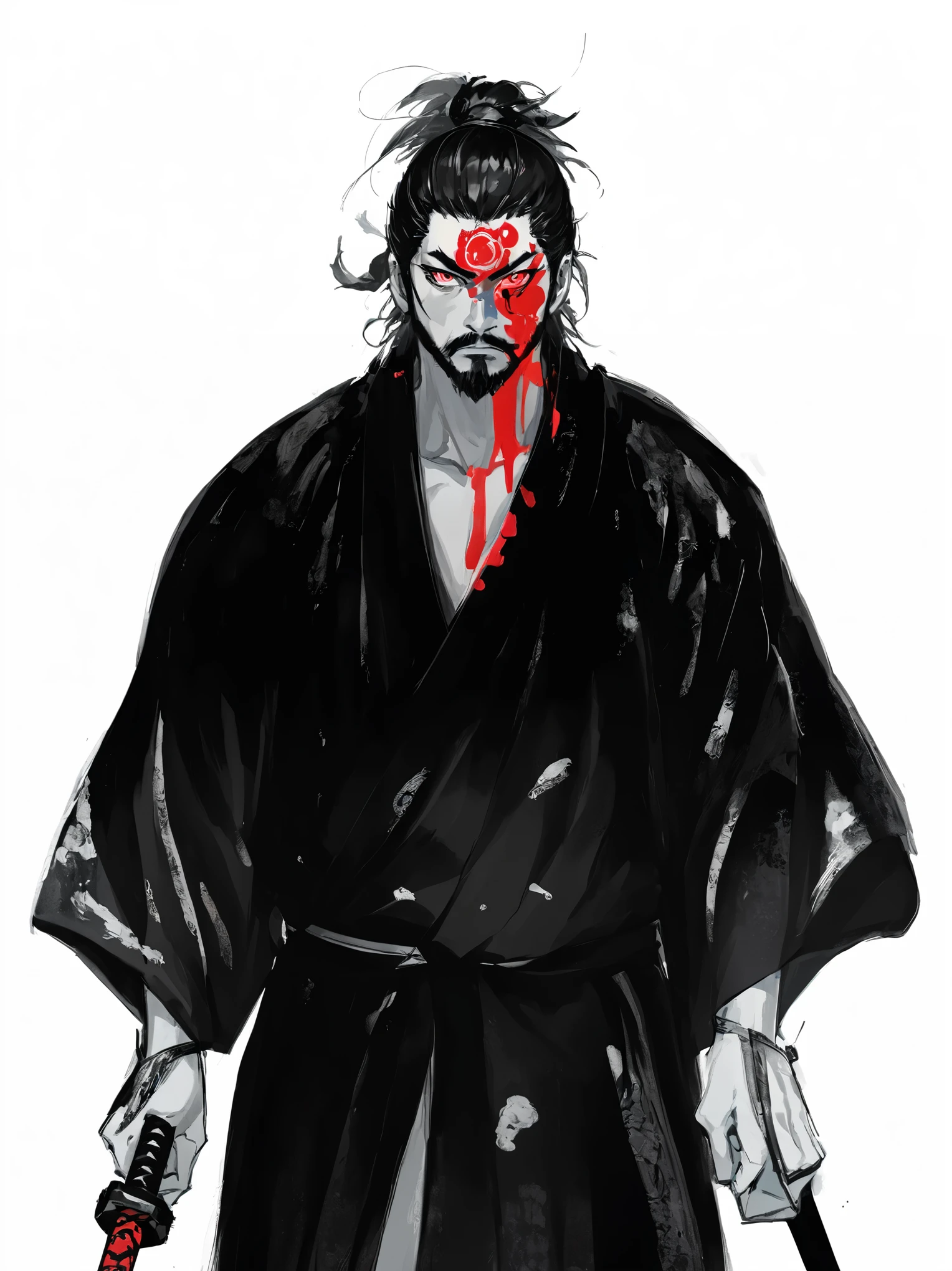 close up of a person holding a katana, portrait of samurai, handsome guy in demon slayer art, dark cloaked necromancer, musashi miyamoto, standing, fighting stance, looking at the viewer, front camera, eye level, handsome, beard, long hair, angry expression, drawing sword pose, wearing black robe, 1man, 1man standing, Japanese clothing