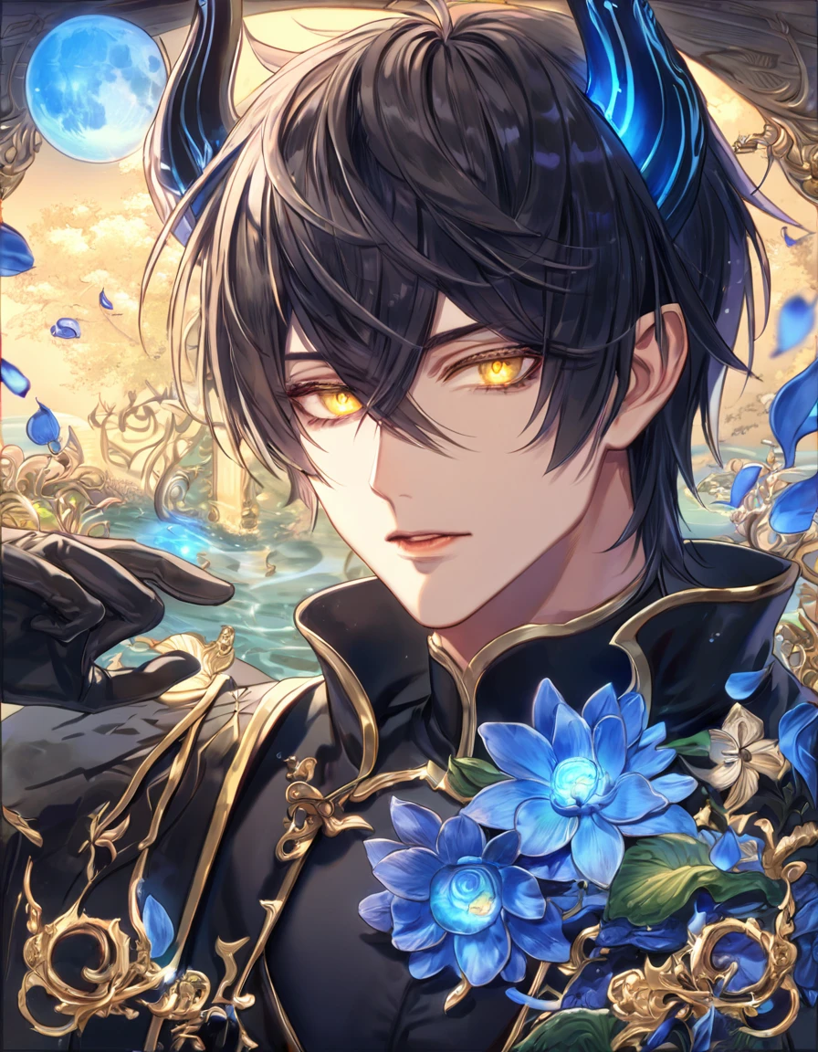 absurdres, highres, ultra detailed, HDR, master piece, Yuden, spiked black hair with bangs, hair between the eyes, expressive yellow eyes, black vest, Demon Fantasy, sexy man, handsome, best quality, blue moon, flowers, fantasy, magical, solo, black coat, water, blue shining fireflies, black cape, black gloves, black tight shirt, blue petals, demon black horns,