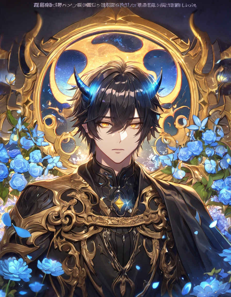 absurdres, highres, ultra detailed, HDR, master piece, Yuden, spiked black hair with bangs, hair between the eyes, expressive yellow eyes, black vest, Demon Fantasy, sexy man, handsome, best quality, blue moon, flowers, fantasy, magical, solo, black coat, water, blue shining fireflies, black cape, black gloves, black tight shirt, blue petals, demon black horns,