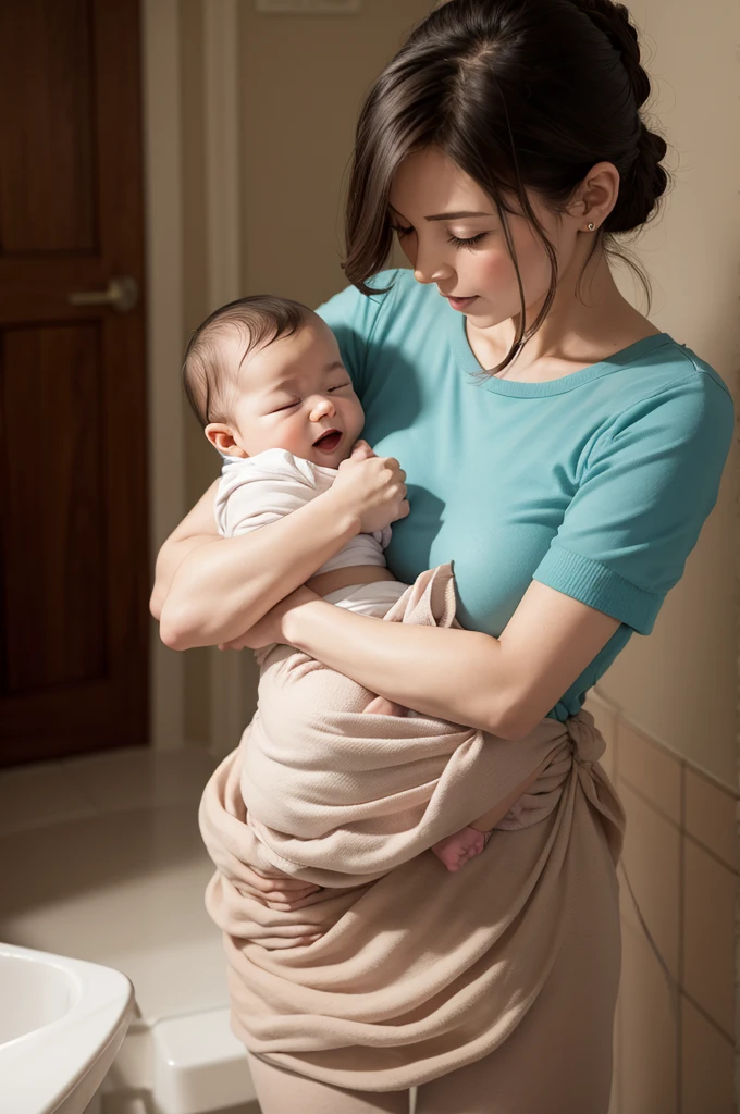 Mother cleaning 's mouth with wet gauze.