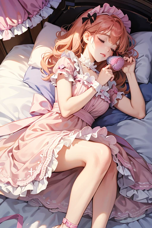 doll has ginger hair in pink rollers. She has brown eyebrows, lavender eyes and pink lips. She also has freckles and pale pink blushed cheeks.
Baby wears pink dress with a sky blue ruffled line and a black bow. She also wears pink sandals with pom-poms. She has a blue sleeping mask with black frills, her sleeping mask has an image of two closed eyes. Her fringe is side-swept. SPARKLE; GLITTER