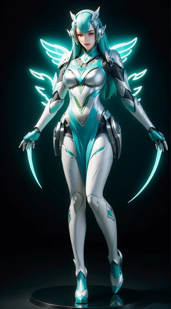 (8k), (Best Quality), (Masterpiece: 1.2), ((ultra realistic)), Futuristic mecha girl on neon-lit sci-fi cover, Style (Cyberpunk:1.3), Wear a mecha battle suit with shiny details, posing sensually, Big breasts and big tail (muslos hechizantes whole body) whole body, White details, , blue, (detailed futuristic),(in a battle, alien space)