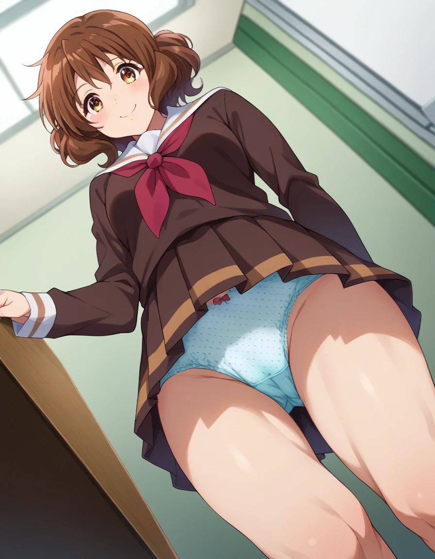 Highest quality, High resolution, masterpiece, (Beautiful Eyes), (Fine grain), Detailed face, kumiko oumae, Brown eyes, Brown Hair, short hair, Wavy Hair, smile, blush, skirt, shirt, Long sleeve, , pleated skirt, neckerchief, brown skirt, White sailor collar, brown shirt, Kitauji High , red neckerchief, indoor, classroom, Chair, machine, belly button, View your viewers, Cowboy Shot, (Panties丸見え:1.5), (Wide pelvis:1.5), (Big Ass), (Polka dots_Panties:1.5), (Crotch up from below:1.5), (Muscular thighs), (Muscular buttocks), (Pubic hair sticking out), (Pantiesの裾を引っ張る:1.5), nsfw