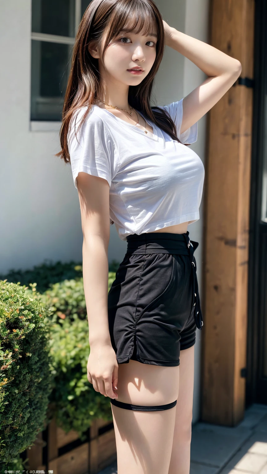 (8K, RAW Photos, Highest quality, masterpiece:1.2), (professional photography, full colors, studio-caliber color grading), (Gravure quality for high-end fashion magazines),  BREAK, 18 year old girl, (boyish:1.15), (mannish:1.1), Big Natural Color Lip, (Plumpy body:1.2), (thick waistline:1.2), (smooth skin:1.1), (huge breasts:1.0  BREAK,  (Logo T-shirts:1.2 high-waist shorts, necklace