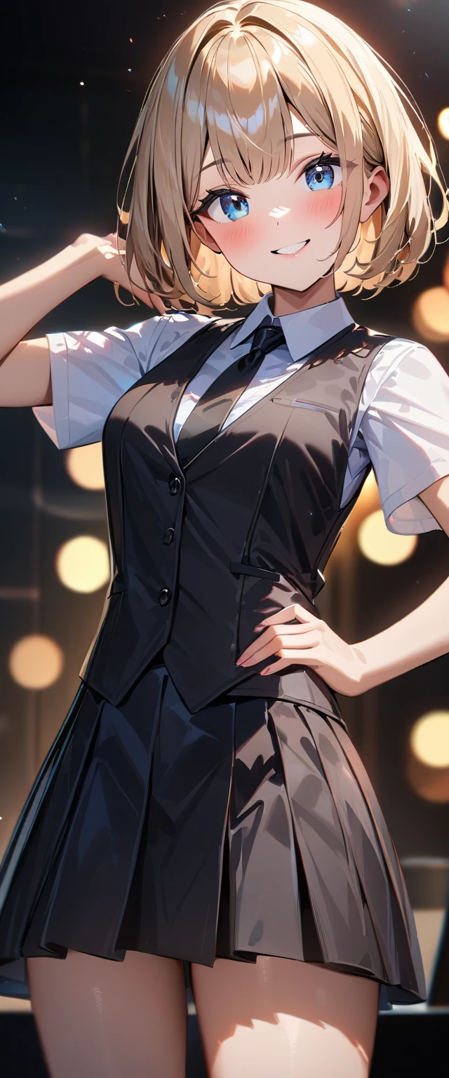 (((One girl))), blond hair, bob cut, (cowboy shot), (looking at viewer), face in focus, teenager, head tilt:1.3, (((blue eye))), ((happy smile)), ((blush)), contrapposto, one hand on hip, school summer uniform, white shirts, ((black tie under the waistcoat)), black skirt, black waistcoat, anime style, (best quality, 4k, 8k, highres, masterpiece:1.2, ultra-detailed, ultra-detailed eyes, HDR, UHD, studio lighting, ultra-fine painting, sharp focus, physically-based rendering, extreme detail description, professional, vivid colors, bokeh)
