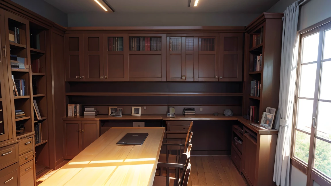 A narrow and dark study、The back wall is completely covered with bookshelves、There is one desk with a PC in the center.、No people