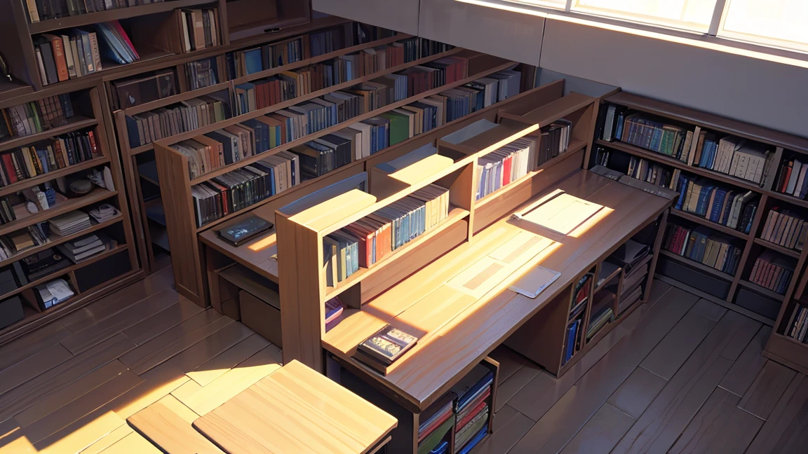 A narrow and dark study、The back wall is completely covered with bookshelves、There is one desk with a PC in the center.、No people