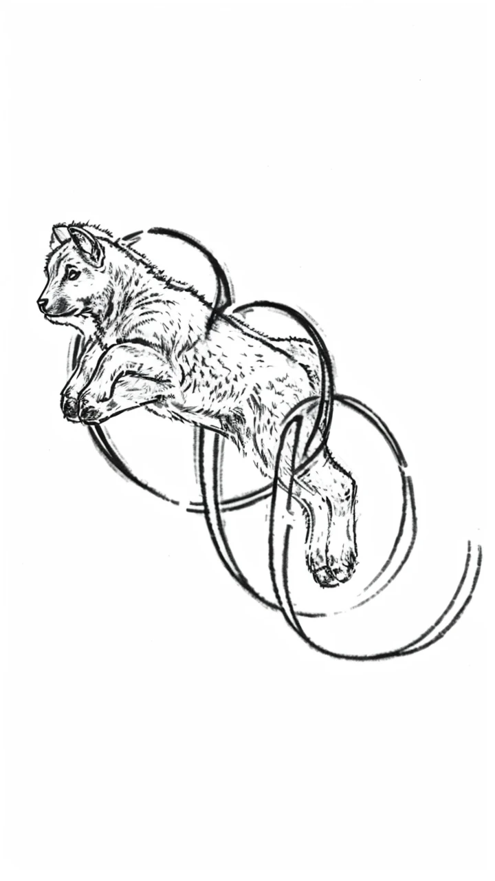 Lamb, dynamic, jumping, tattoo, black and white tattoo, line art, sketch, rhythmic gymnastics ribbon, dynamics