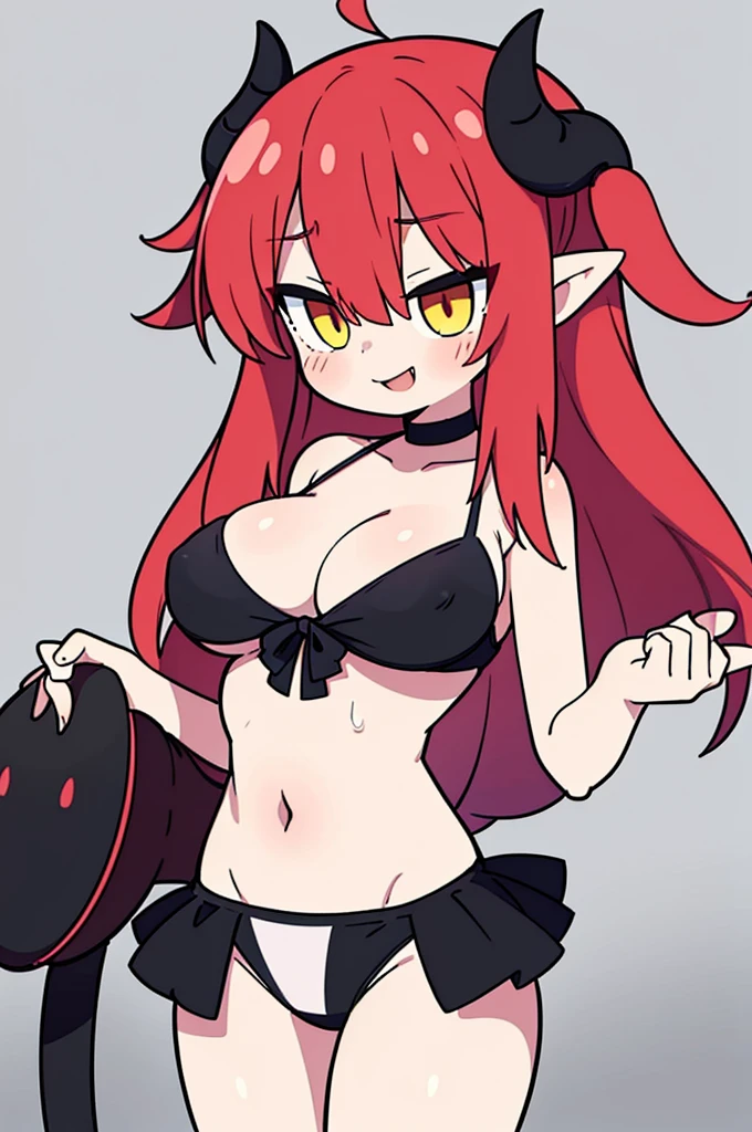 1girls big breasts bikini bikini bottom bikini top black bikini bottomwear breasts cleavage demon demon girl demon horns female female only grey body grey skin hair hair over one eye hands on breasts horns huge breasts long hair micro bikini pointy ears red hair smile solo solo female swimwear thighs topwear wet wet body yellow eyes yellow sclera