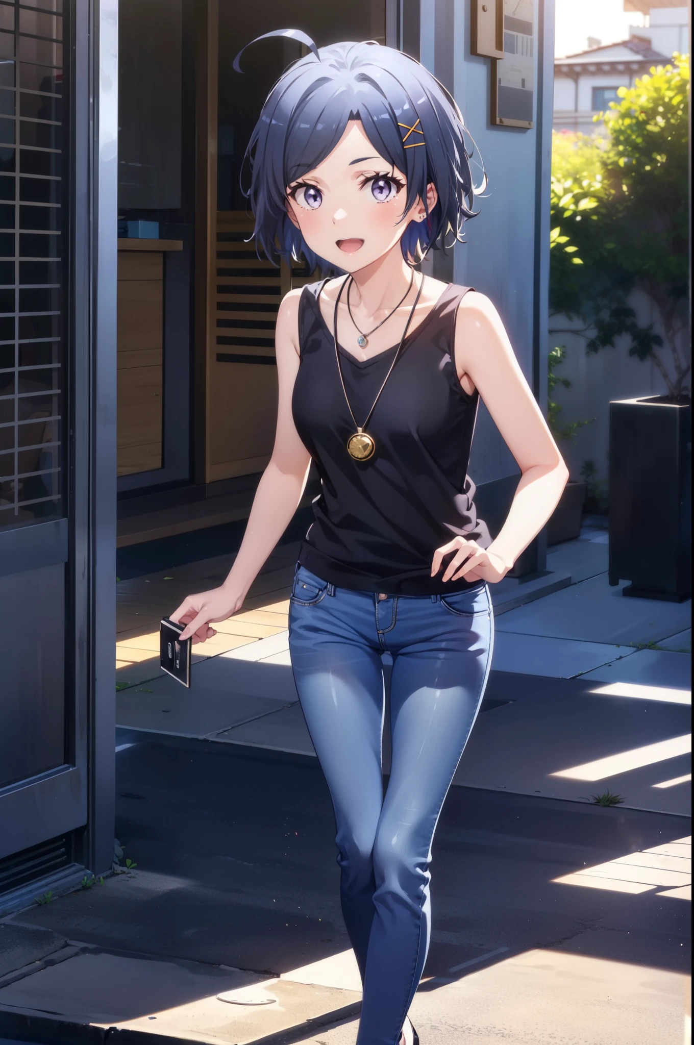 komachihikigaya, komachi hikigaya, short hair, Black Hair, hair ornaments, Ahoge, Hair Clip, x hair ornaments, (Purple eyes:1.1), tooth, happy smile, smile, Open your mouth, black tank top shirt,Locket Necklace,Skinny jeans,Stiletto heels,morning,morning陽,The sun is rising,Walking,whole bodyがイラストに入るように,
break outdoors, Building district,
break looking at viewer,whole body,
break (masterpiece:1.2), Highest quality, High resolution, unity 8k wallpaper, (figure:0.8), (Beautiful attention to detail:1.6), Highly detailed face, Perfect lighting, Highly detailed CG, (Perfect hands, Perfect Anatomy),