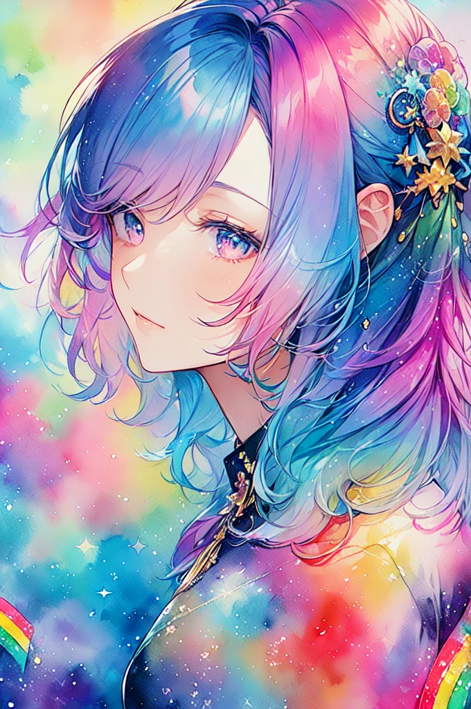 (masterpiece, Highest quality, Highest quality,watercolor (Moderate),Official Art, beautifully、beautiful:1.2),(1 Girl:1.3), (Fractal Art:1.3),Upper Body, From the side, Looking at the audience,pattern,(Rainbow Hair,colorful hair,Half blue、Half pink hair:1.2),water,liquid, cloud,colorful, Starry Sky,performer,