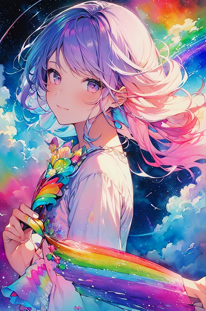 (masterpiece, Highest quality, Highest quality,watercolor (Moderate),Official Art, beautifully、beautiful:1.2),(1 Girl:1.3), (Fractal Art:1.3),Upper Body, From the side, Looking at the audience,pattern,(Rainbow Hair,colorful hair,Half blue、Half pink hair:1.2),water,liquid, cloud,colorful, Starry Sky,performer,