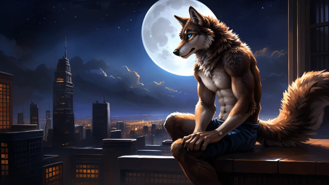 ((Solo)), male people, anthro wolf, (Multi-colored fur, White-brown:1.3), ((Wolf face, Big eyes, White eyelids, Blue pupil, Slim:1.2) (Tough, Calm expression:1.2)), (Height 2.1 meters,Tail length 1.5m), Abs, Slim, pinging, (Correct anatomy), (Contour bone:1.2), The upper body is naked, (detailed outfits), a long large tail，Feet，(Realistic fur, Detailed fur texture, labeled:1.3)), (Natural lighting), Photorealistic, Hyperrealistic, ultradetailed, by Kenket，In the modern city，Roof，the night，Sit alone，Look at the full moon，It was dark，Starry