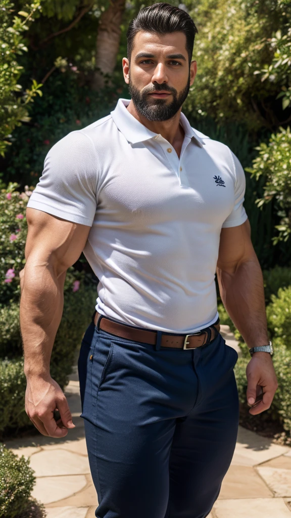 Handsome arabe muscular man beard, strong and muscular legs, big lump, artwork,, super sexy in  casual pants and caqui polo shirt with blackstripes 8k ultra realistic masterpiece great detail next to a font super muscular , sexy , en el egante jardín de palacio, 40 años de edad , de perfil , con los brazos arriba 