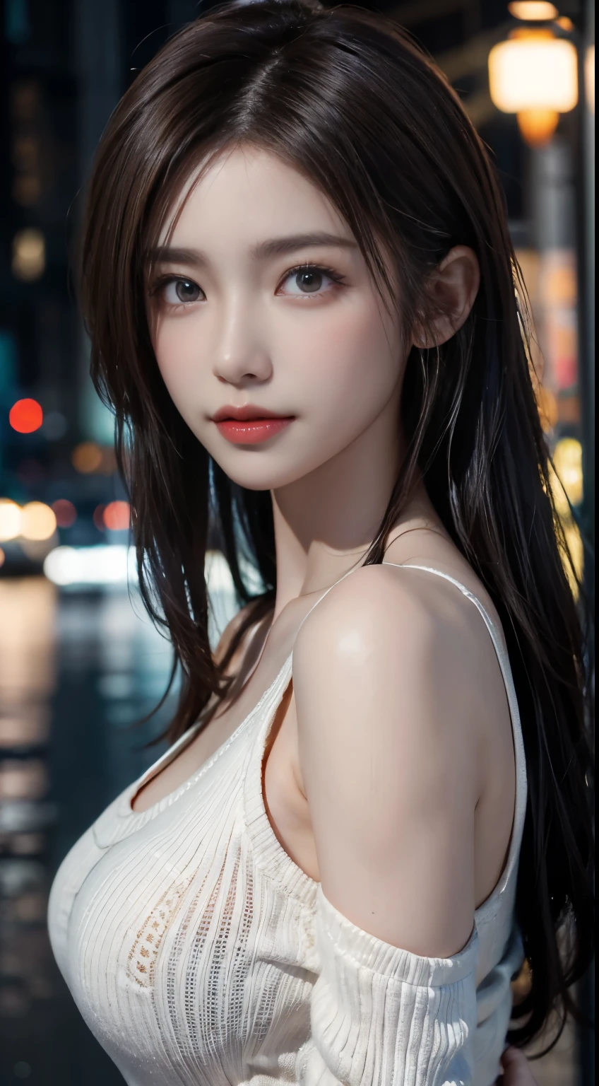 (logo, masterpiece, 8K, Tabletop, RAW Photos, wonderful, 最high quality, Photorealistic and very detailed CG composite 8k wallpaper, high quality, Very detailed, Narrative poem, Particle Effects, Dynamic Effects, Depth of the Boundary, Cinematic Light, Lens flare, Ray Tracing), short hair beautiful young woman, Hair tied back, high detail skin, very fine, fine skin texture, beautiful face, realistic eyes, beautifully detailed eyes, realistic skin, beautiful skin, surreal, smiling eyes, Hair and light eyes, Vibrant, Colorful lights and bokeh. The lighting casts a warm glow on her face and hair, Blue glow, Water surface reflection, Creates a dreamy and magical atmosphere, Big Breasts, Brown Hair, short hair, plump lower lip, pink blush on the cheeks , pink lips, brown tight no-shoulder knit sweater